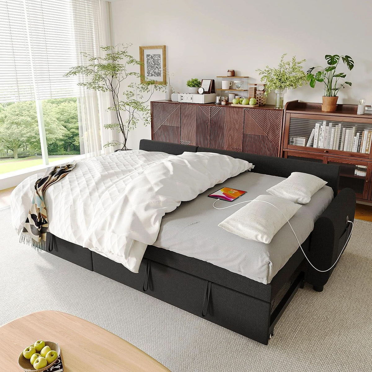 86Inch Convertible Sleeper Sectional With USB Ports-2
