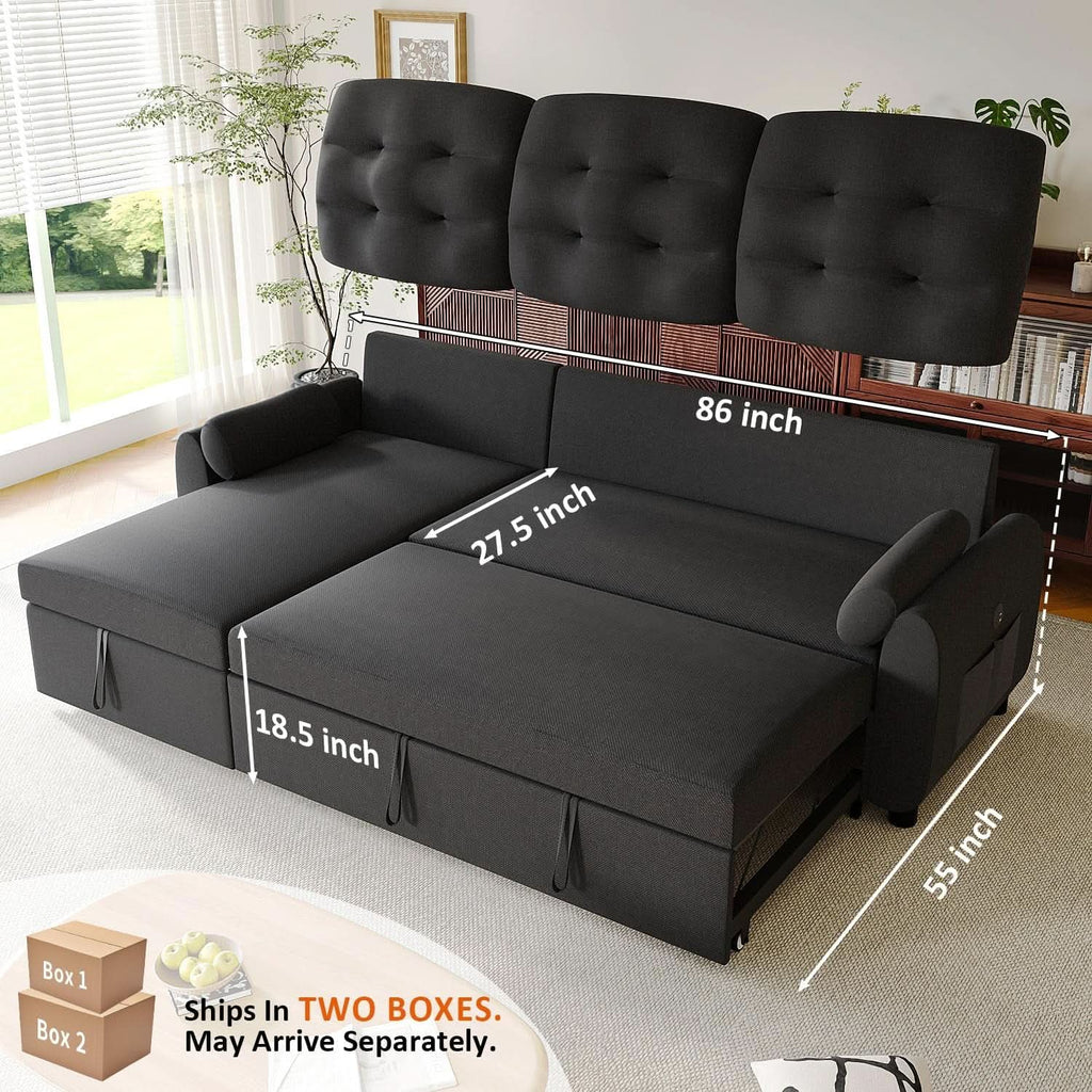 86Inch Convertible Sleeper Sectional With USB Ports-1