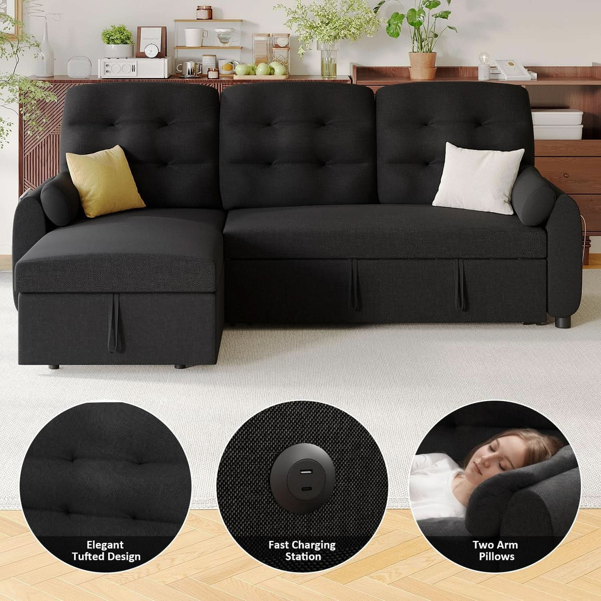 86Inch Convertible Sleeper Sectional With USB Ports-4